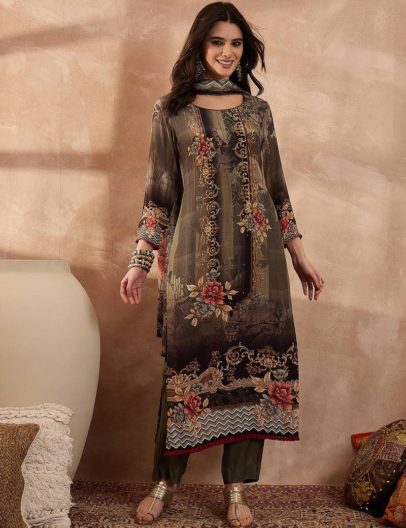 Women off white pure silk solid printed straight kurta trousers with dupatta