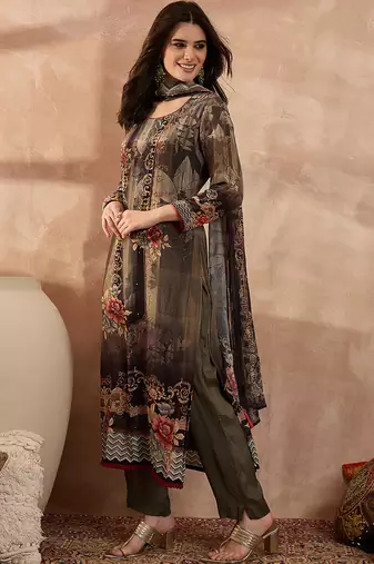 Women off white pure silk solid printed straight kurta trousers with dupatta