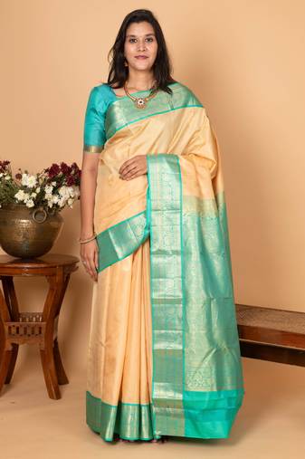 Linen Lemon and turquoise blue butta pure kanchi silk saree