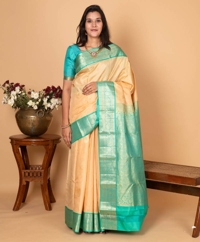 Linen Lemon and turquoise blue butta pure kanchi silk saree