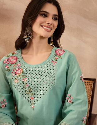 Women blue pure cotton embroidered straight coord sets 2
