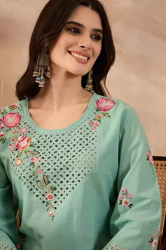 Women blue pure cotton embroidered straight coord sets