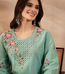 Women blue pure cotton embroidered straight coord sets