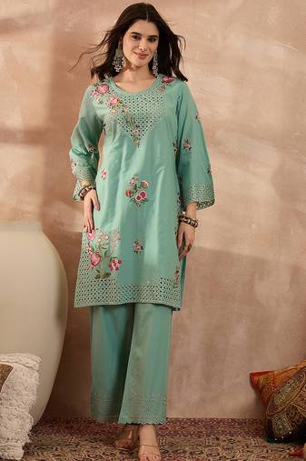 Women blue pure cotton embroidered straight coord sets