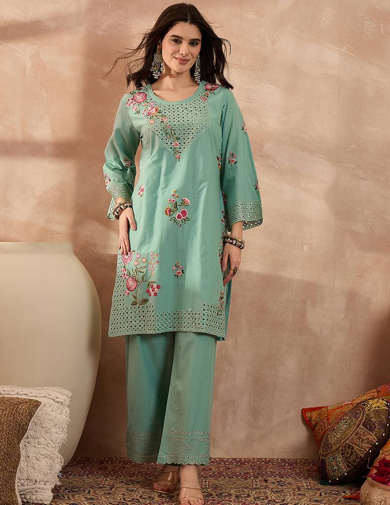 Women blue pure cotton embroidered straight coord sets