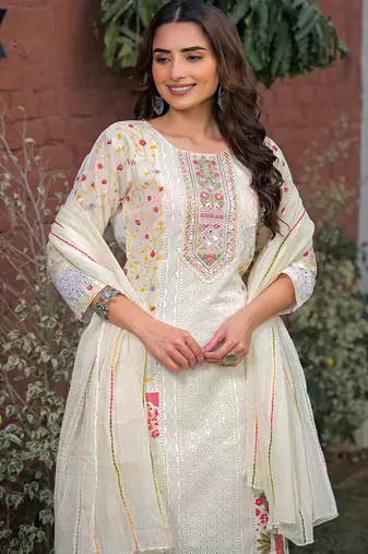 Women cream pure cotton ethnic motifs printed straight kurta trousers with dupatta