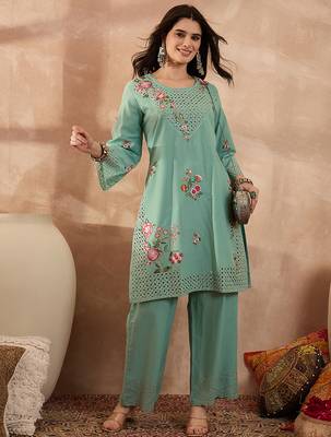 Women blue pure cotton embroidered straight coord sets 3