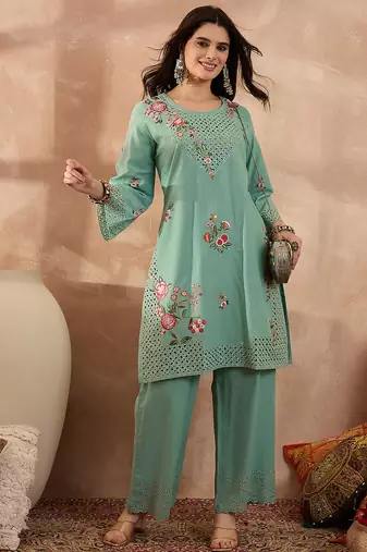 Women blue pure cotton embroidered straight coord sets