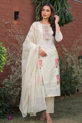Women cream pure cotton ethnic motifs printed straight kurta trousers with dupatta