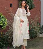 Women cream pure cotton ethnic motifs printed straight kurta trousers with dupatta