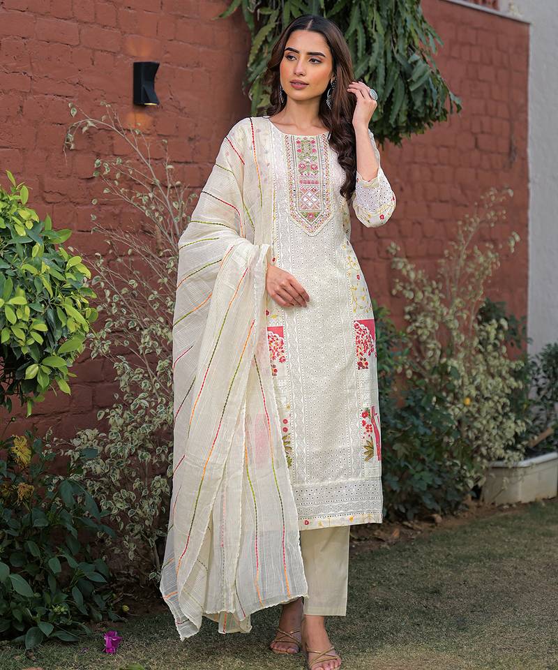Women cream pure cotton ethnic motifs printed straight kurta trousers with dupatta