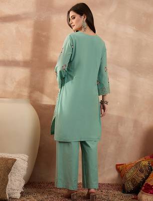 Women blue pure cotton embroidered straight coord sets 4