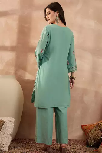 Women blue pure cotton embroidered straight coord sets