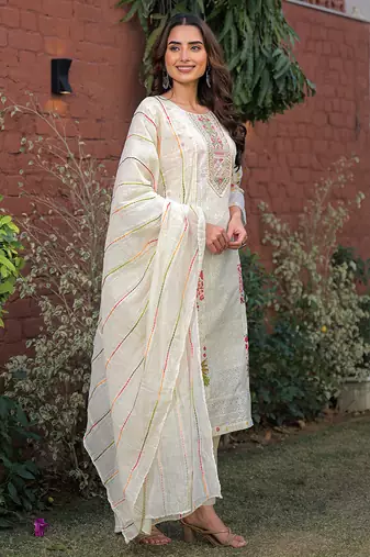 Women cream pure cotton ethnic motifs printed straight kurta trousers with dupatta