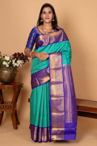 Turquoise blue and cobalt blue korvai pure kanchi silk saree