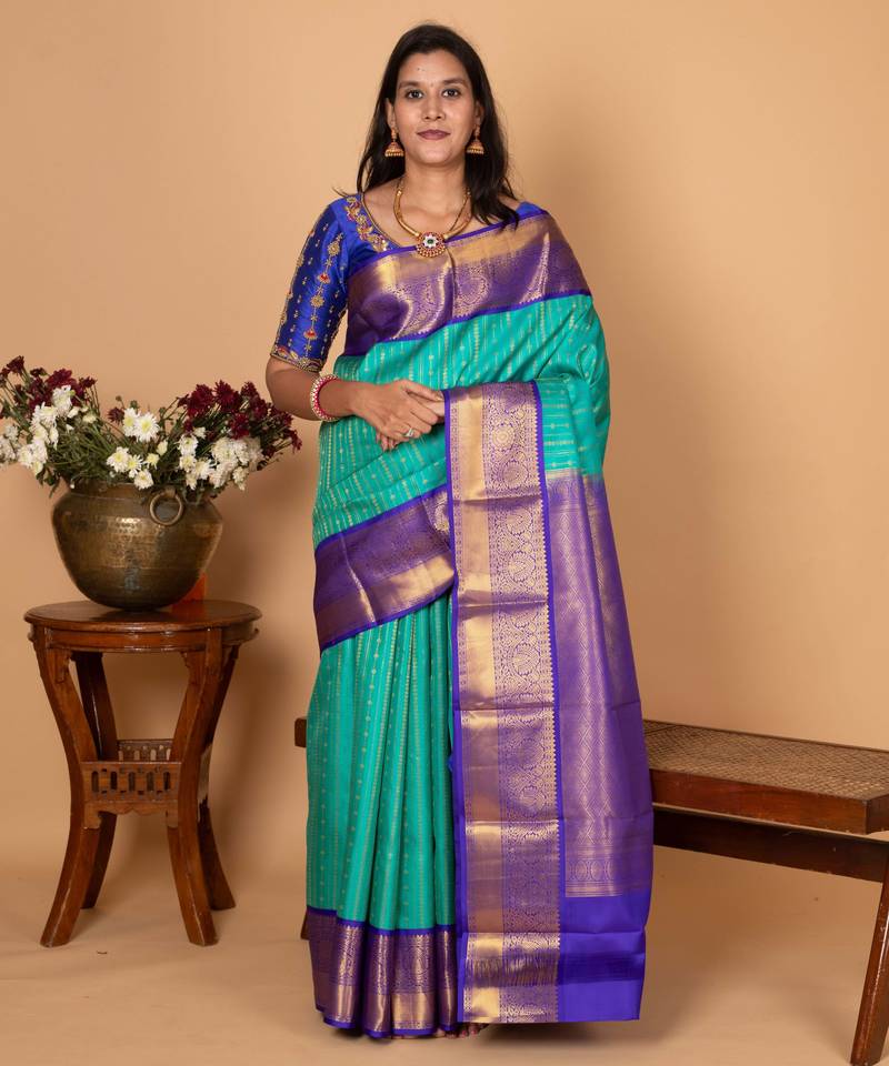 Turquoise blue and cobalt blue korvai pure kanchi silk saree
