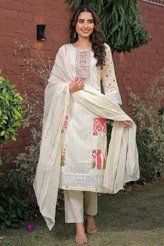 Women cream pure cotton ethnic motifs printed straight kurta trousers with dupatta