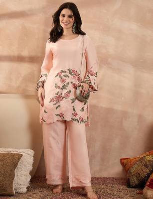 Women peach silk blend embroidered scalloped coord sets 1
