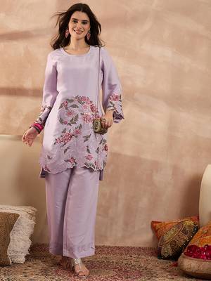 Women lavender silk blend embroidered scalloped coord sets 1