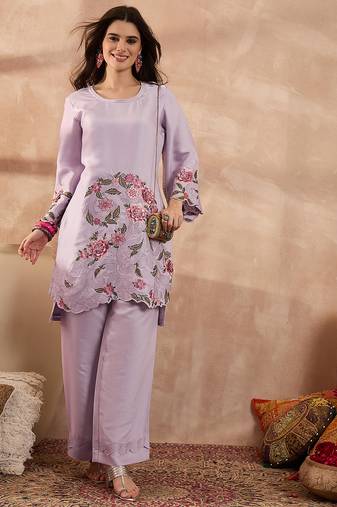 Women lavender silk blend embroidered scalloped coord sets