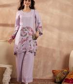 Women lavender silk blend embroidered scalloped coord sets