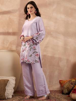 Women lavender silk blend embroidered scalloped coord sets 3