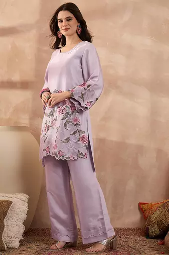 Women lavender silk blend embroidered scalloped coord sets