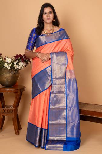 Salmon pink and cobalt blue korvai pure kanchi silk saree