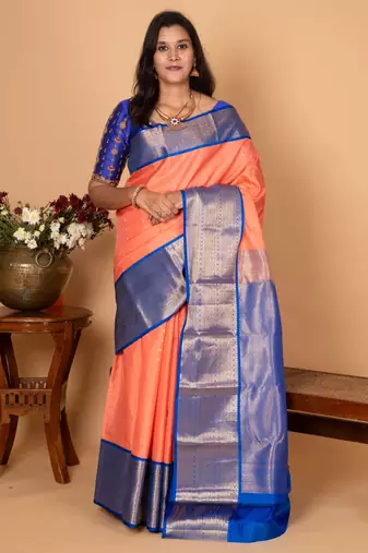 Salmon pink and cobalt blue korvai pure kanchi silk saree