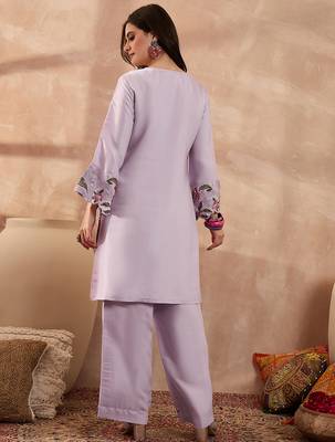 Women lavender silk blend embroidered scalloped coord sets 4