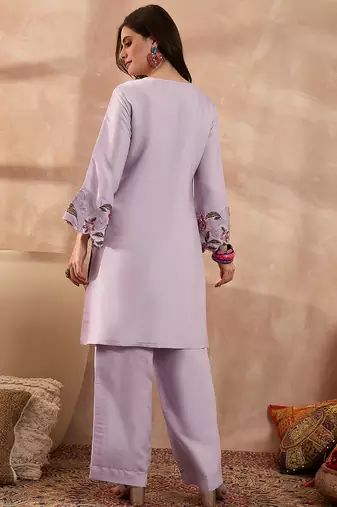 Women lavender silk blend embroidered scalloped coord sets