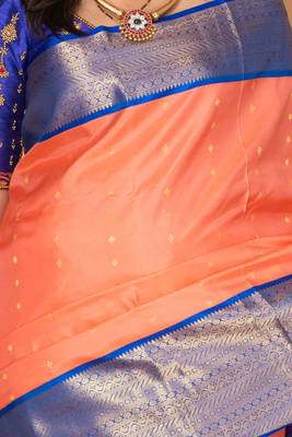 Salmon pink and cobalt blue korvai pure kanchi silk saree 2