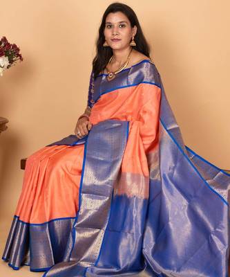 Salmon pink and cobalt blue korvai pure kanchi silk saree 3
