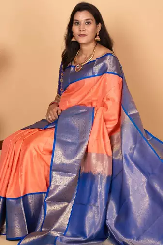 Salmon pink and cobalt blue korvai kanchi silk saree with blouse