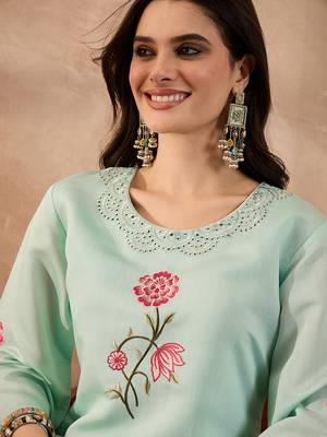 Women blue silk blend embroidered scalloped coord sets 2