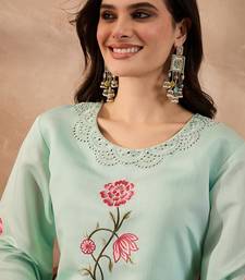 Women blue silk blend embroidered scalloped coord sets