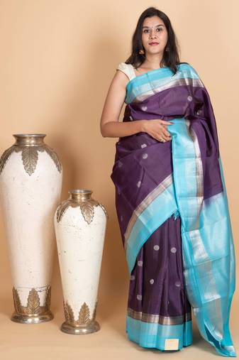 Grape and sky blue kanjivaram pattu saree