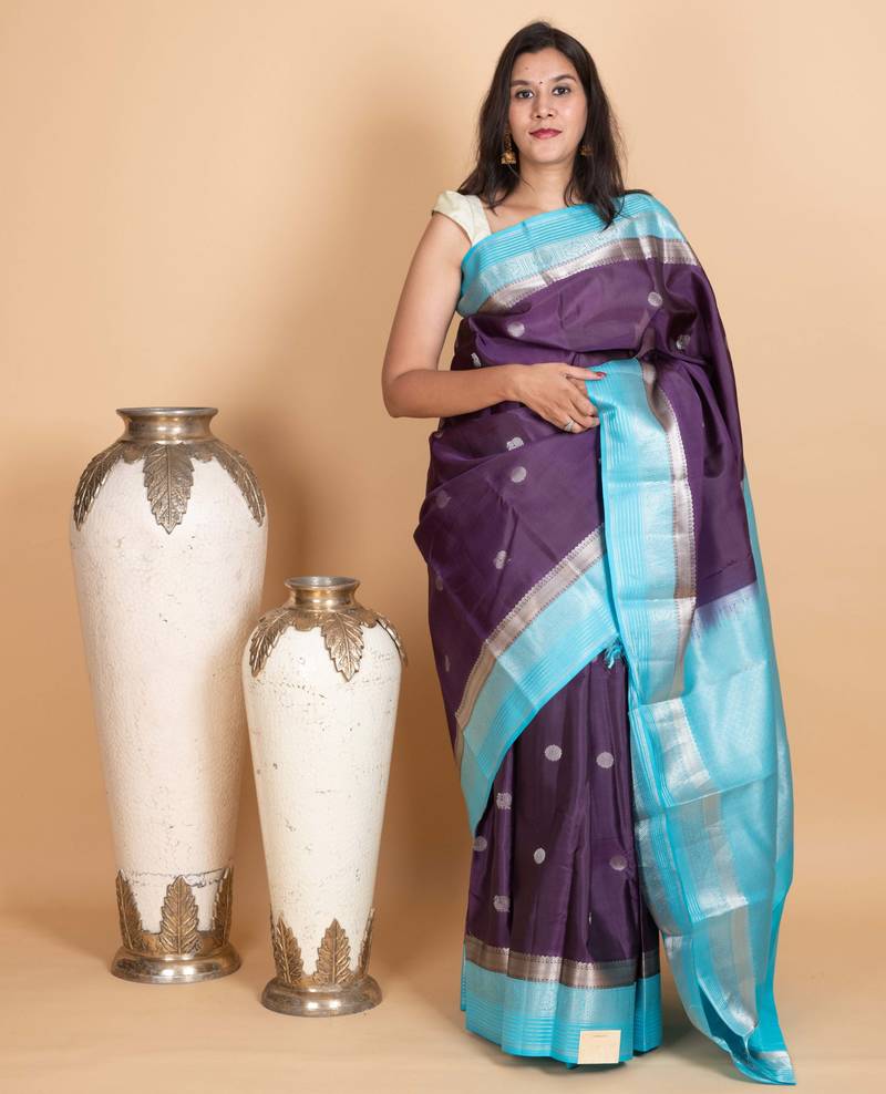 Grape and sky blue kanjivaram pattu saree