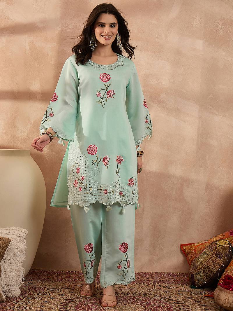 Women blue silk blend embroidered scalloped coord sets