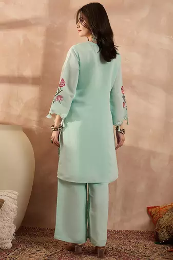 Women blue silk blend embroidered scalloped coord sets
