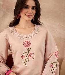 Women peach silk blend embroidered scalloped coord sets