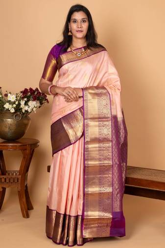 Pastel pink and violet korvai pure silk saree