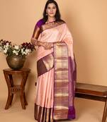 Pastel pink and violet korvai pure silk saree