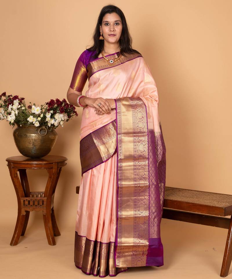 Pastel pink and violet korvai pure silk saree