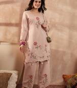Women peach silk blend embroidered scalloped coord sets