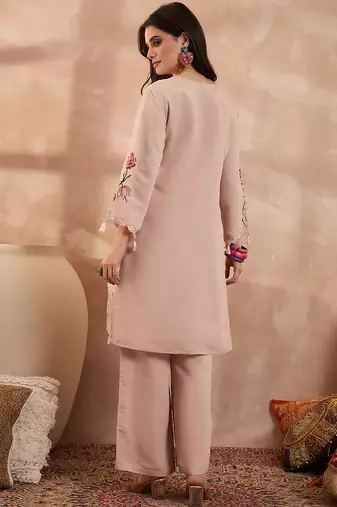 Women peach silk blend embroidered scalloped coord sets