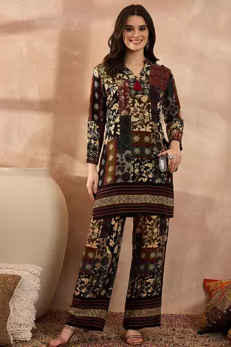 Women multi viscose rayon printed straight coord sets