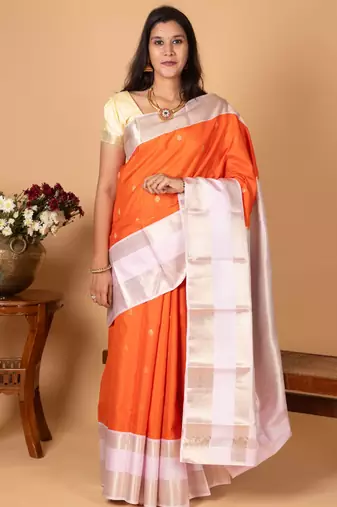 Bright orange and powder pink retta patta border pure kanchi silk saree