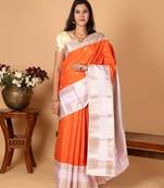 Bright orange and powder pink retta patta border pure kanchi silk saree