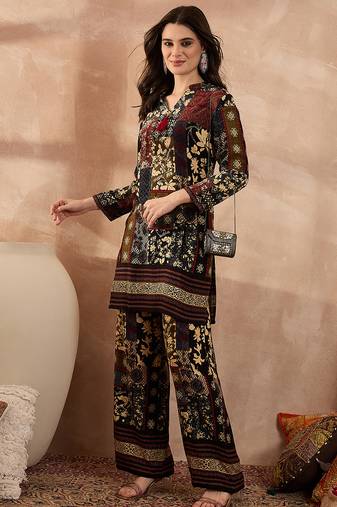 Women multi viscose rayon printed straight coord sets